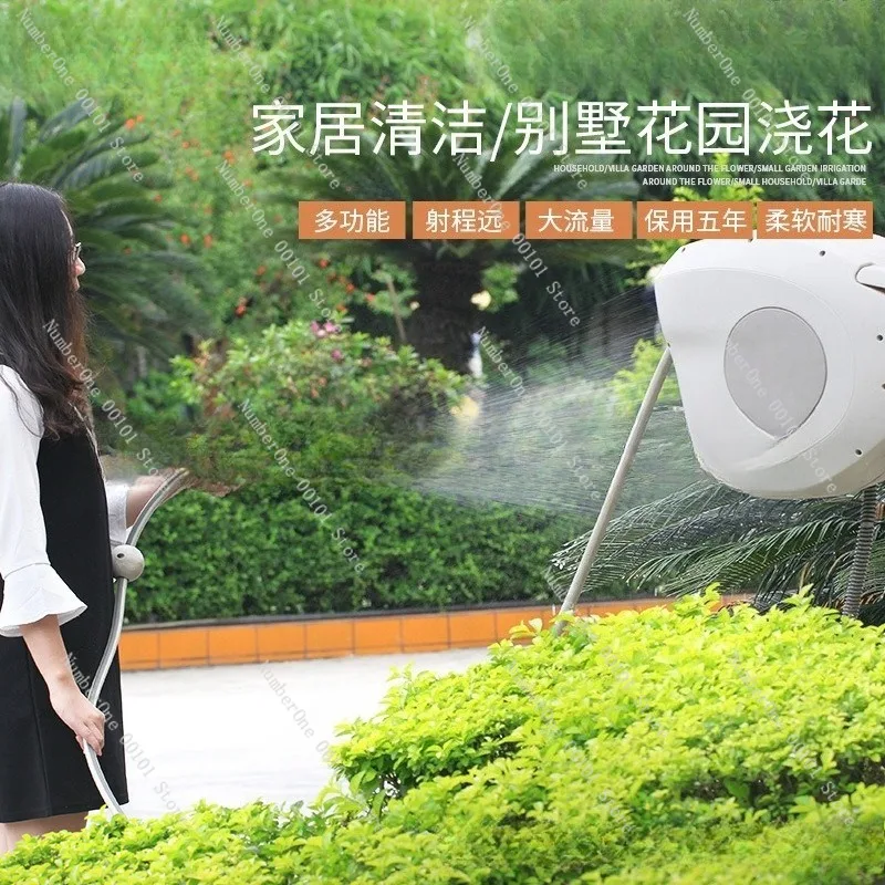 Wall Mounted Garden Hose Reel Automatic Retractable Water Pipe Storage Rack Expandable Rewind Organizer with Sprayer Nozzle