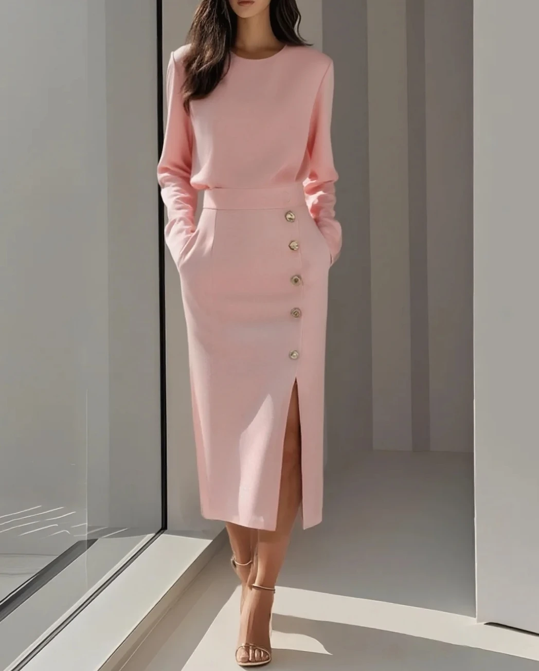Women Long Sleeve Round Neck Button Front High Slit Midi Dress Elegant Office Lady Bodycon Sheath Pencil Skirt Set