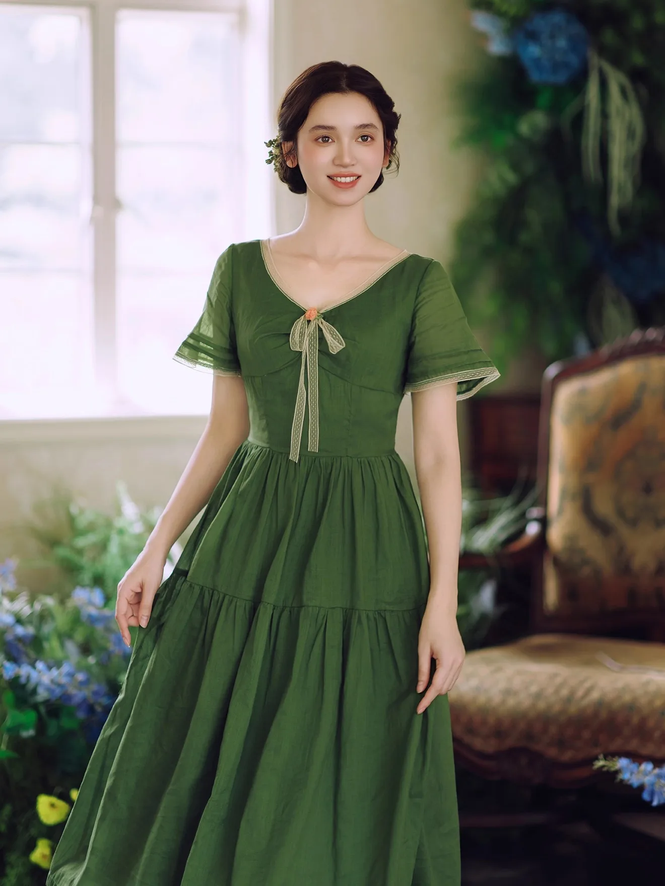 TIYIHAILEY Summer Women Ramie Cotton Dress Short Sleeve Long Maxi Ladies Size S-XL V-Neck Vintage Green High Waist Lace 2025 New