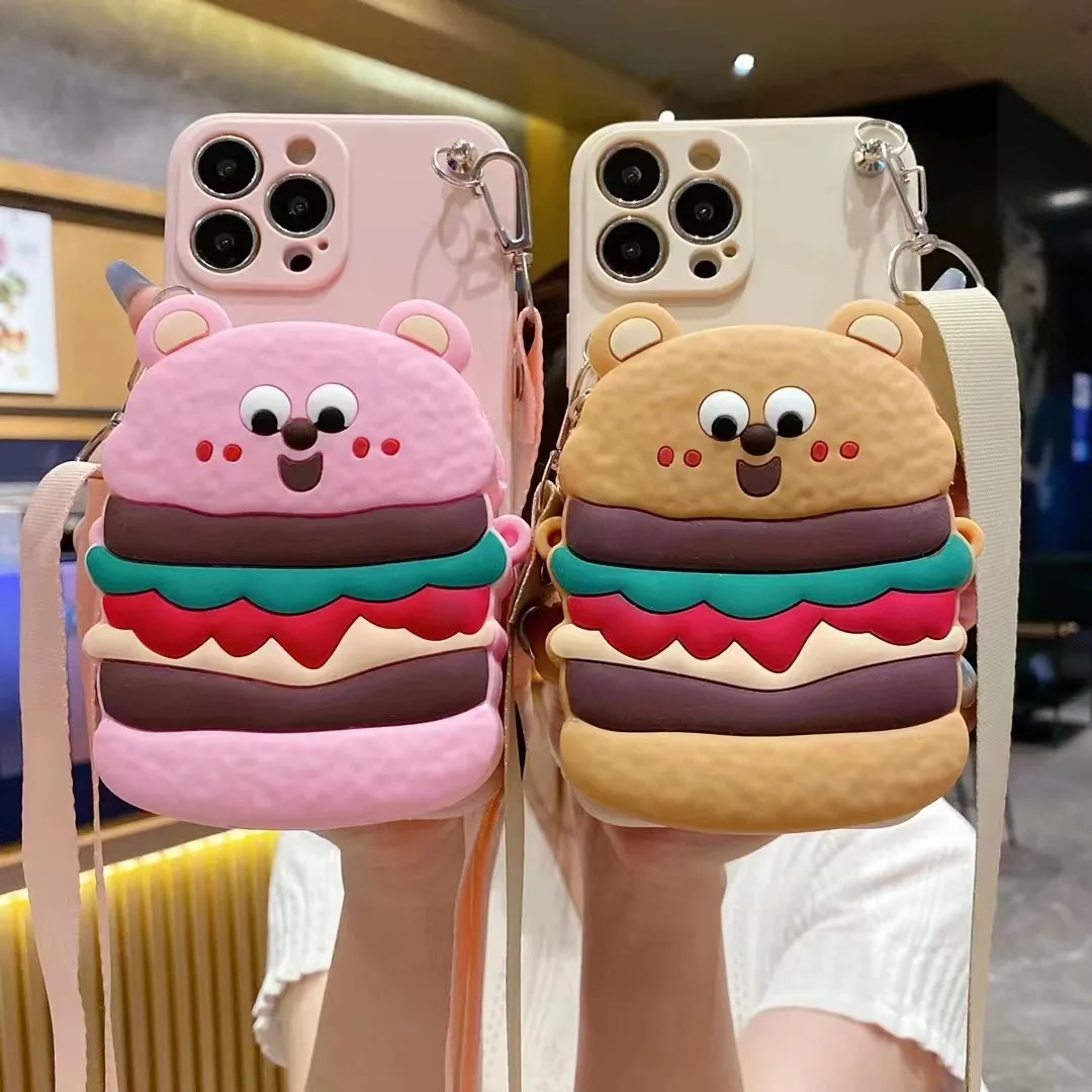 Cartoon Coin Wallet Bag Case for iPhone 15 13 14 11 12 Pro Max X XR XS Max 7 8 Plus SE 2 Soft Silicone Cover With Lanyard strap