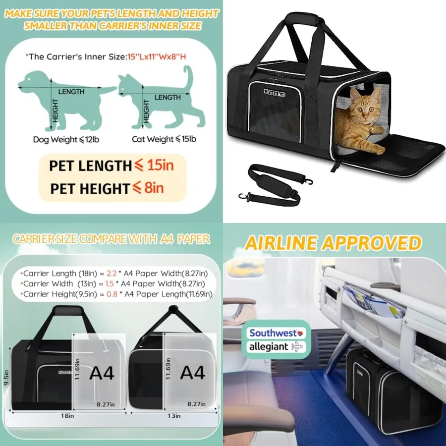 

Pet Carrier 18x13x9.5 Southwest Airline Approved, Pet Travel Carrier Bag for Small Cats and Dogs, Soft Dog Carrier for 1-15 LBS