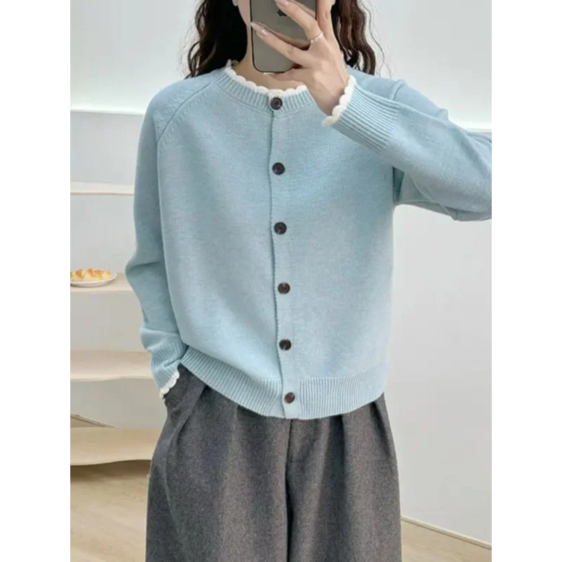 Floral Edge Color Block Knitted Cardigan Women's Spring Autumn New Fashion Casual Top Short Outerwear Sweater Coat