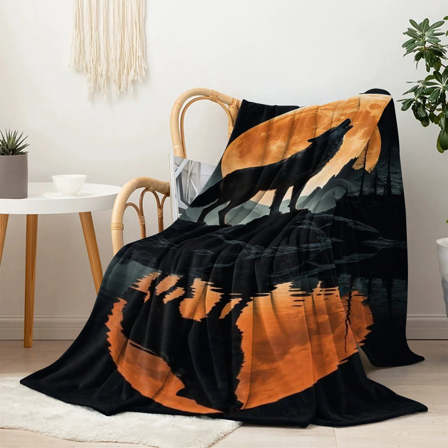 Aesthetic Wolf Howling at Full Moon Blanket Throw for Rustic Boho Night Decor Wilderness Cozy Gift for Couch
