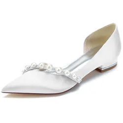 Satin Pearls Wedding Flats Shoes Pointed Toe Slip-on Women Flat Shoes for Mother of Bride/Bridesmaids/Prom/Evening/Cocktail