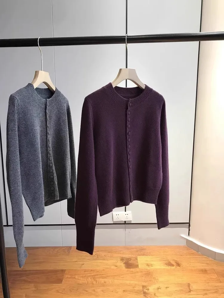 سترة نسائية محبوكة مفتوحة بأكمام طويلة باللون الأرجواني أوائل الخريف، نمط كسول للتخسيس من الكشمير، قاعدة ناعمة، ملابس خارجية ...