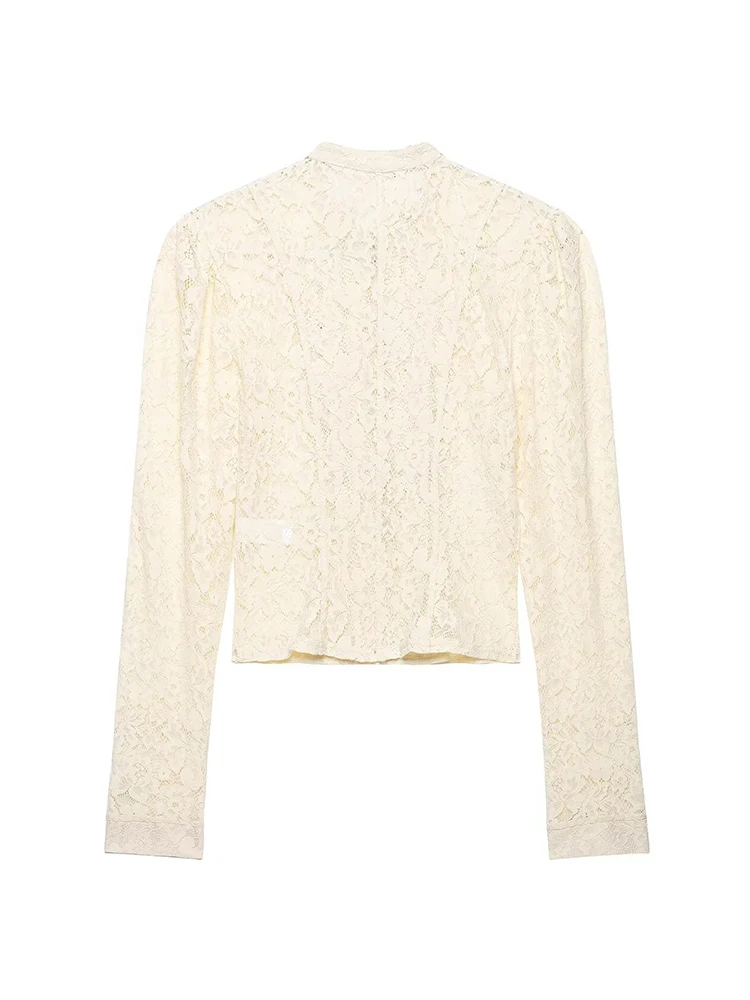 HH Women Spring Autumn Off White Lace Stand Collar Double Breasted Long Sleeve Cropped Jacket For Holiday Vacation Outdoor Wear
