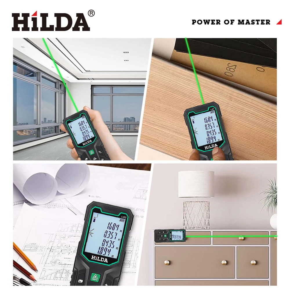 HILDA 50/100/120M Laser-Entfernungsmesser, rotes/grünes Licht, Laser-Entfernung, digitales Klebeband, wiederaufladbar und messbarer Winkel, Lasermaß – Detail 15