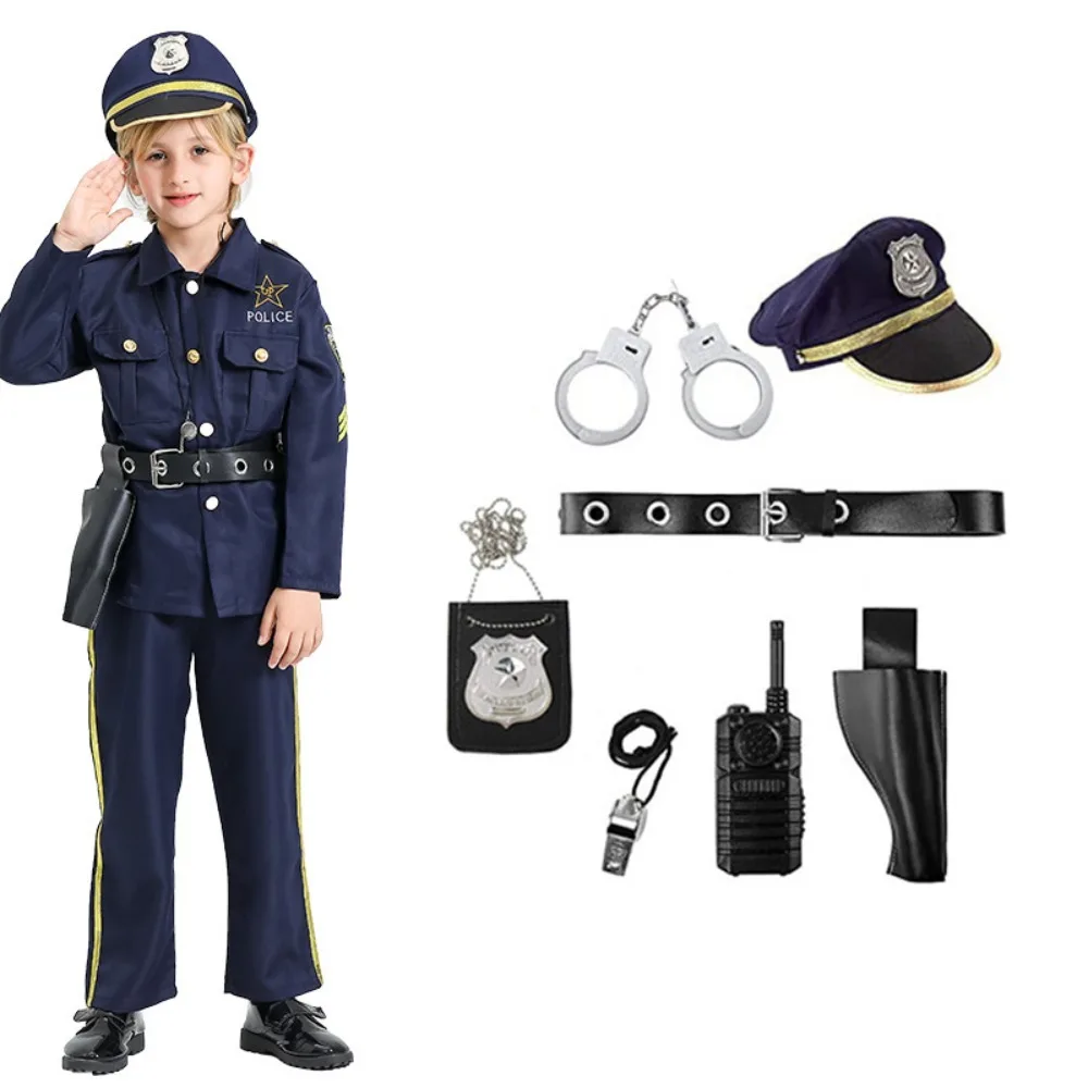 Children's Police Uniform Suit Cosplay Costume Kids Policeman Clothes Boys Girls Cop Clothing Halloween Christmas Party Gift