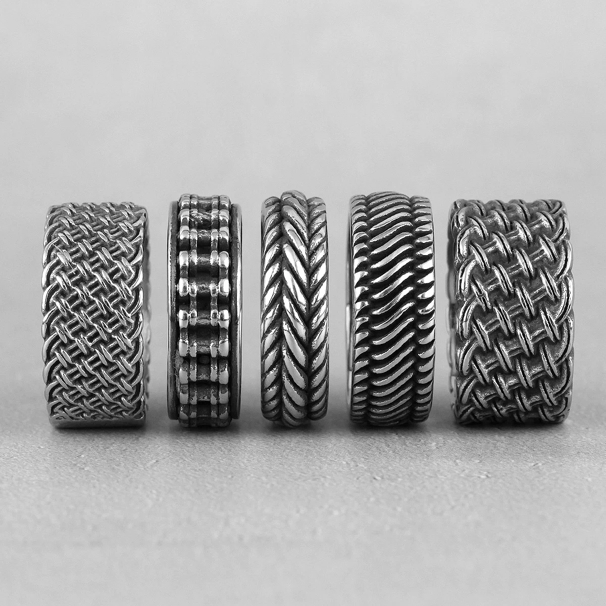 Grid Weave Ring 316L Stainless Steel Retro Industrial Style Mens Texture Rings Simple for Male Boyfriend Biker Jewelry Best Gift