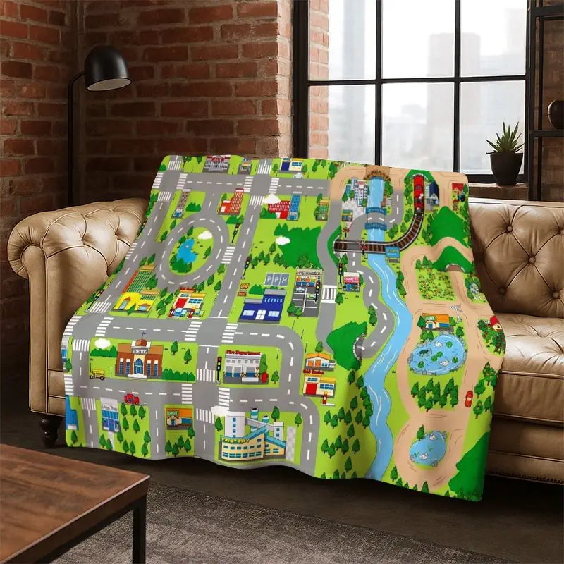 City Traffic Road Highway Runway Child Flannel Blanket Throw Blanket for Bedroom Living Room Bed Travel Camping Picnic Gift