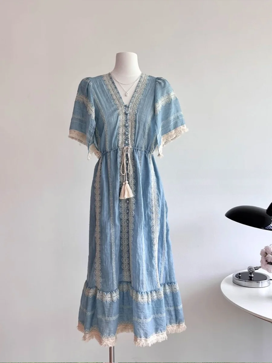 블루 V 넥 보헤미안 비치 휴가 스타일 롱 드레스 여성 플러스 사이즈 여름 여행 의류 a 라인 스커트 반소매