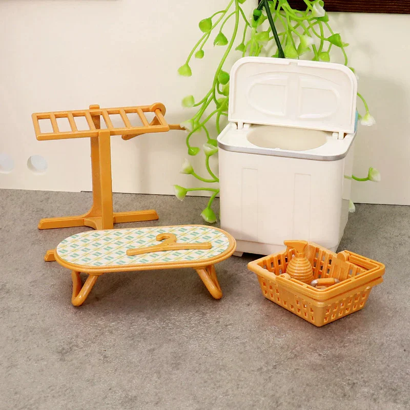 1:12 Dollhouse Miniature Washing Machine Laundry Set With Drying Rack Iron Doll House Furniture Kids Pretend Play Toys