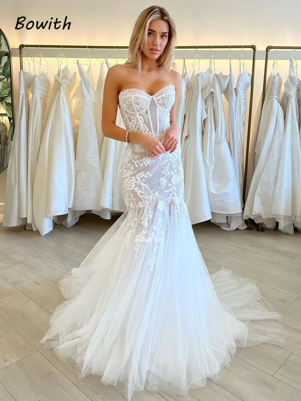 Bowith Sweetheart Wedding Dresses for Women Mermaid Wedding Gown with Applique Tulle Beach Wedding Dress traje blanco novia