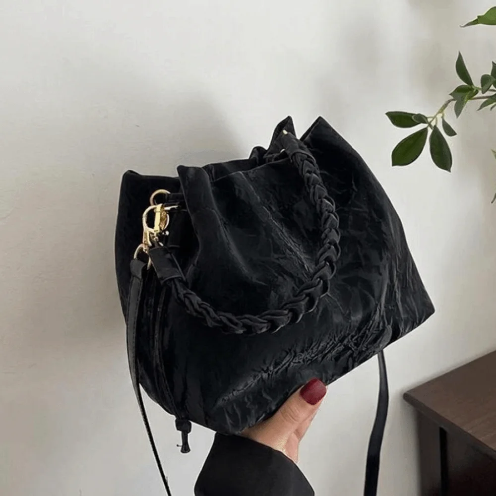 PU Drawstring Bucket Bag Woven Top Handle Removable Strap Crossbody Bag Lightweight Textured Fabric Handbag Travel