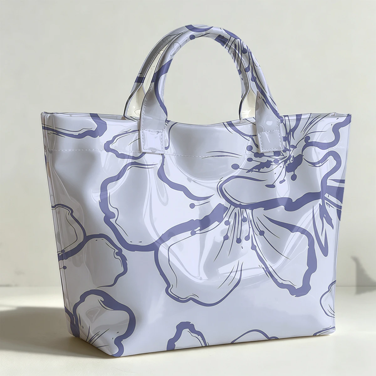 Purple flower pattern PVC Tote Bag Waterproof Transparent Jelly Bag Beach Bag Tote Pouch Bow Handbags Storage Bag
