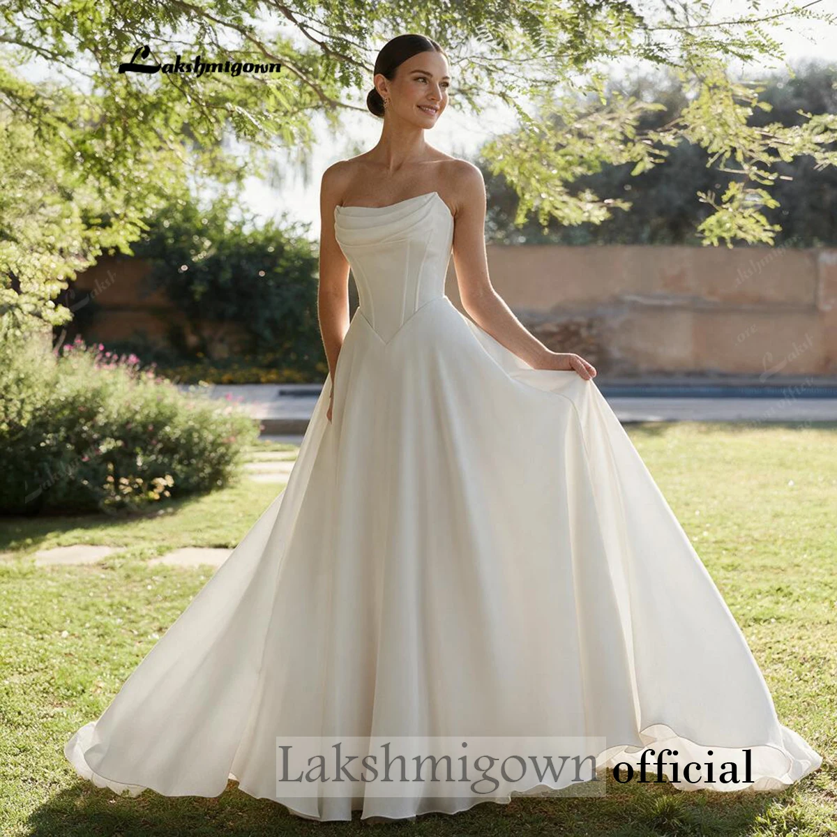 Lakshmigown Einfaches schulterfreies Hochzeitskleid, A-Linien-Brautkleid, plissiertes Korsett, Vestido De Noiva für Strand- und Outdoor-Hochzeiten – Detail 6