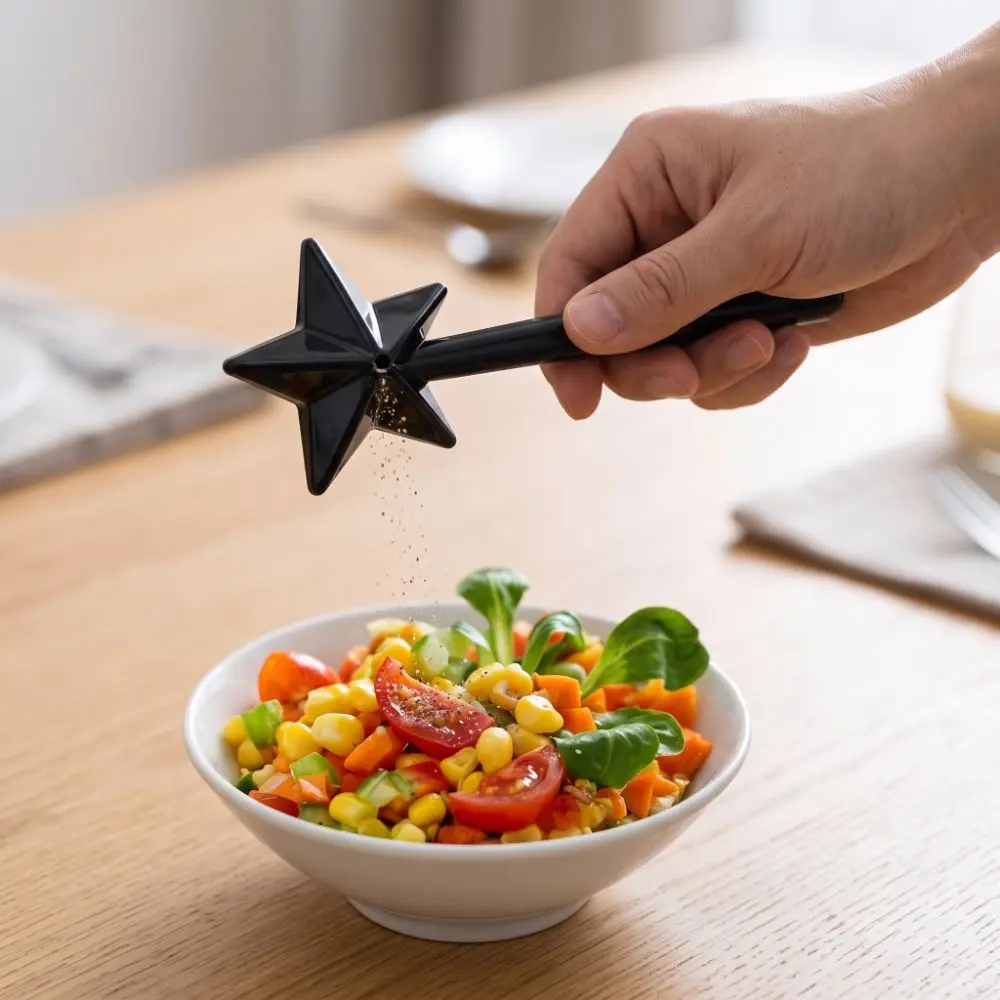 Seasoning Shaker Wand Black Pentagram Shape Salt Dispenser Wand Magic Wand Design Dinner Party Refillable Seasoning Dispenser