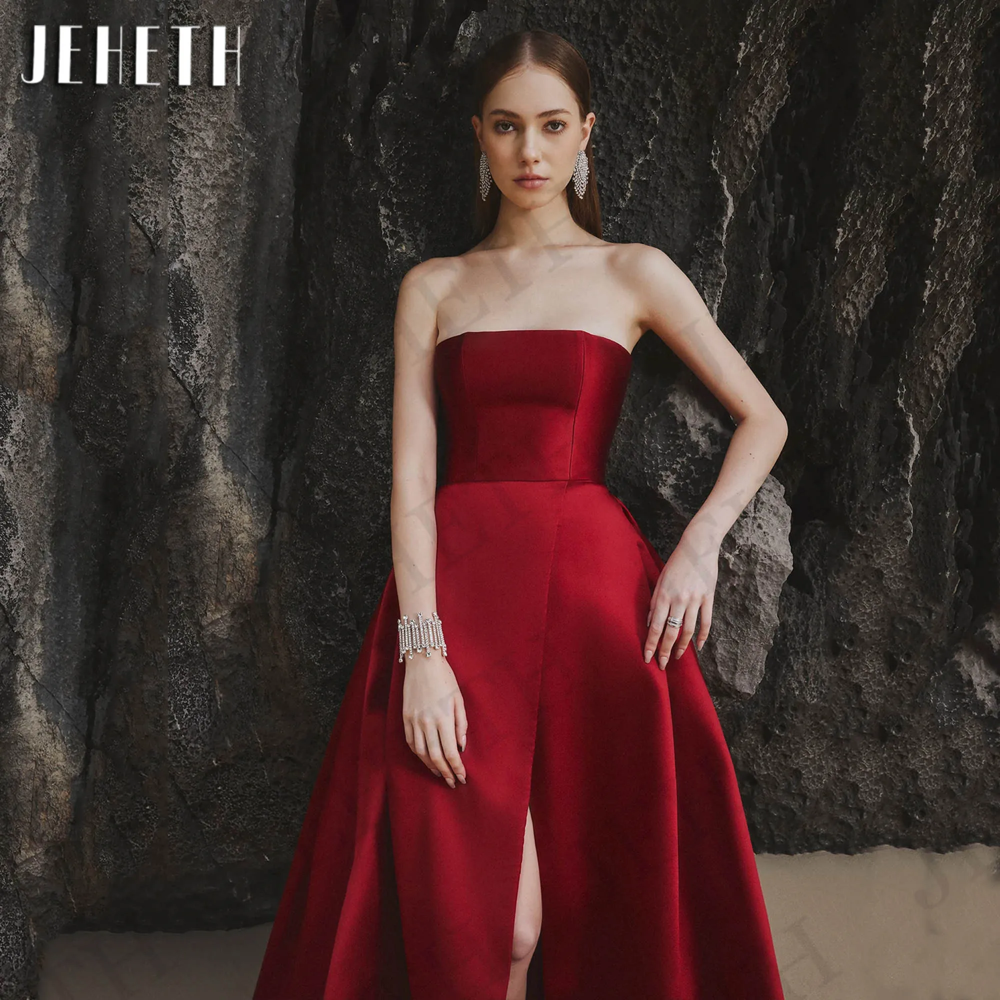 JEHETH Gold Simple Evening Dresses For Women 2024 Elegant A Line Satin Split Wedding Guest Dress kleider für besondere anlässe