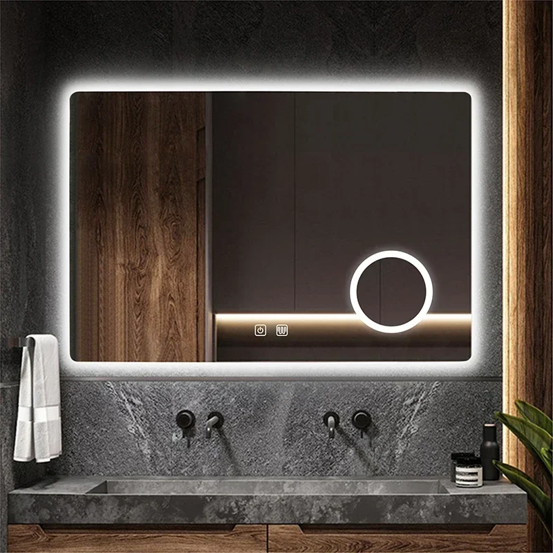 Smart Rectangular Makeup Bathroom Mirror 5x Magnifying Glass Three Color LED Vanity Mirror with Anti-fog Brightness Dimmer