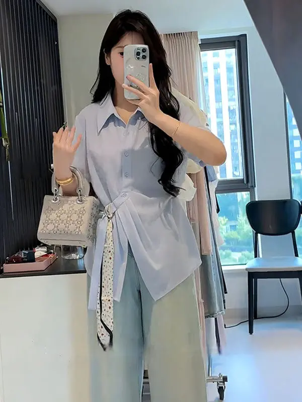 

plus Size Neck Short Sleeve Shirt with Belt Design Korean Style Breathable Casual Women's Top Fashionable Summer Shirt