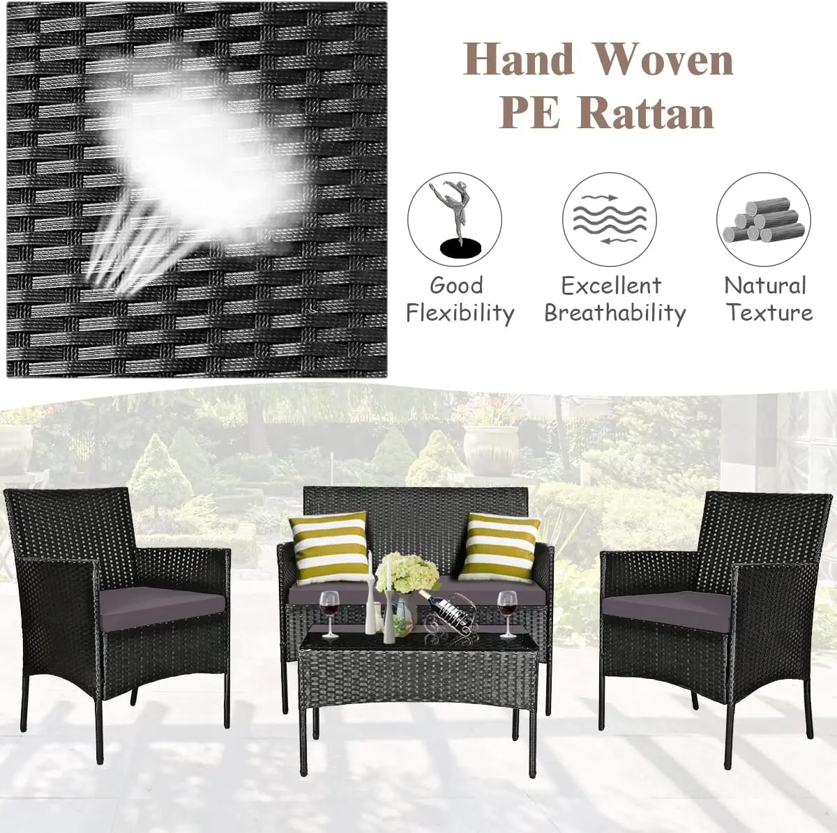 4 Stuks Patio Rotan Conversatieset, Outdoor Rieten Meubelset Met Gehard Glazen Salontafel En Dik Kussen