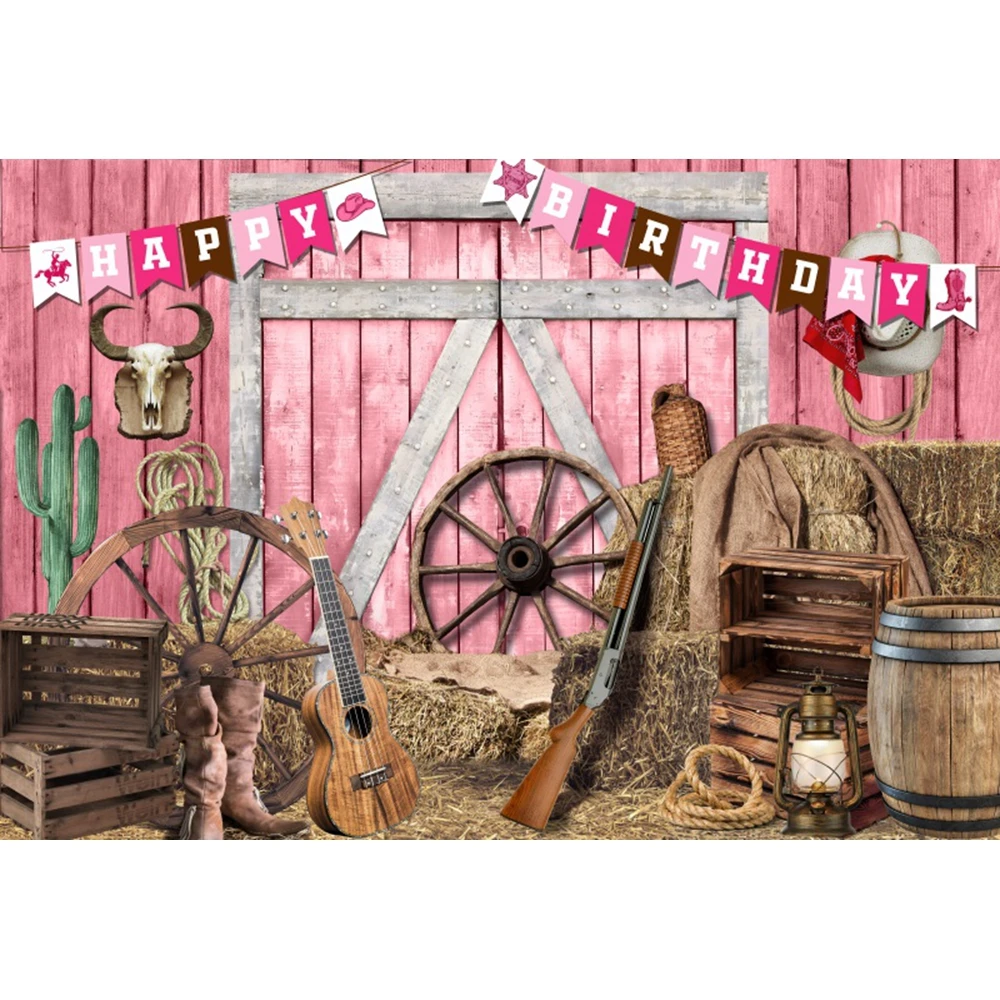 Happy Birthday Photography Backdrop Wooden Door Guitar Gun Haystack Wooden Roller Family Party Decor Portrait Photo Background