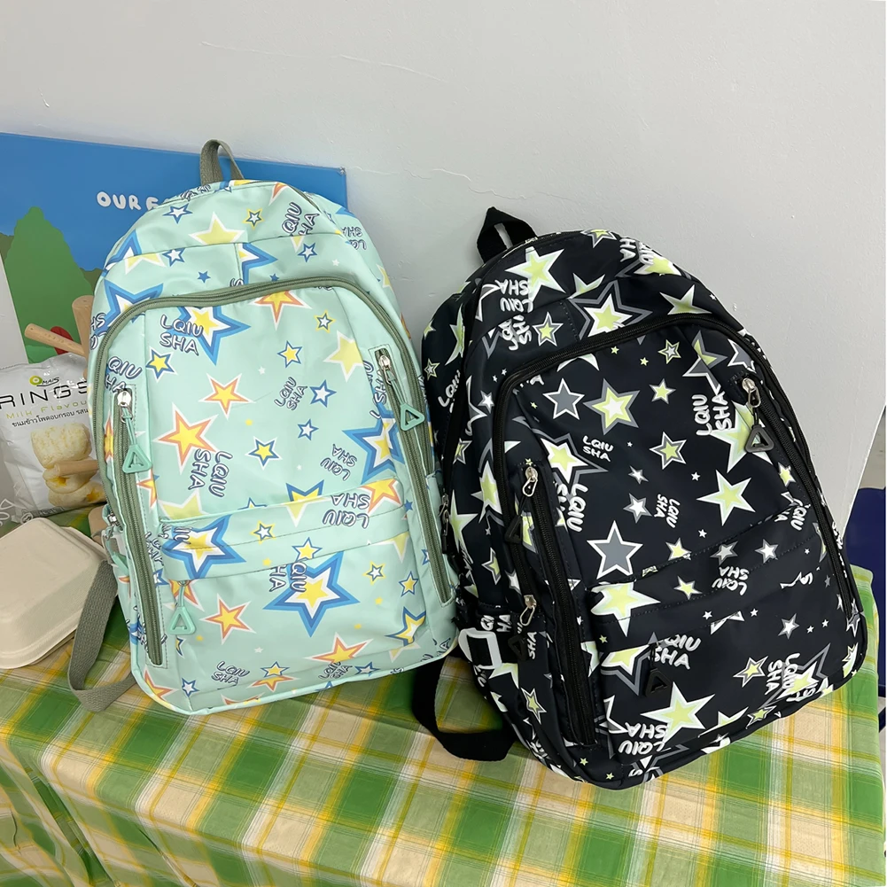 Y2K Star Fashion Backpack Junior High School Students Backpack Nylon Daily Rucksack Aesthetic Large Capacity for Teen Students