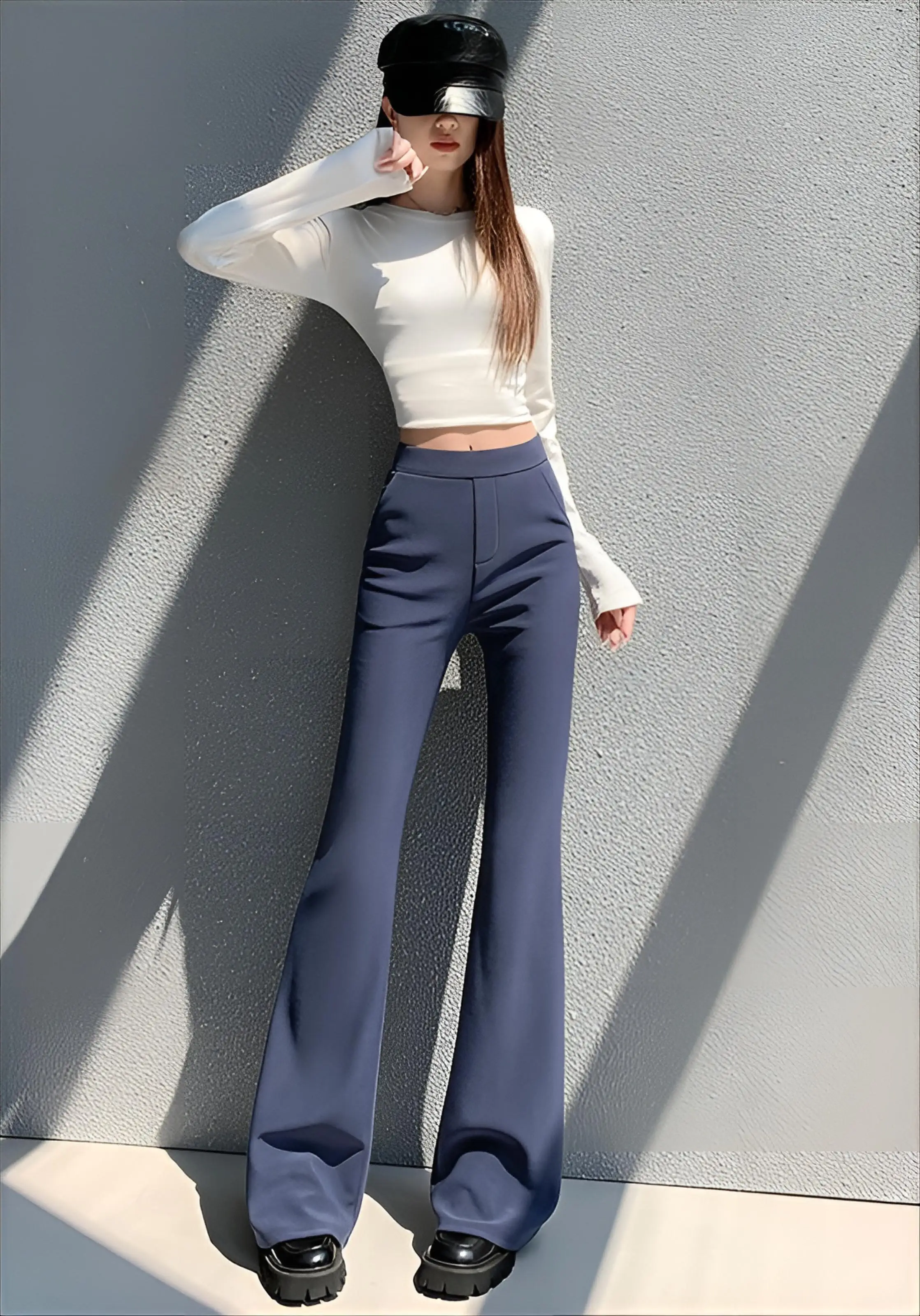 

Брюки Bootcut, черные женские термошерстяные зимние вязаные контрастные драпированные зауженные повседневные профессиональные народные однотонные винтажные брюки