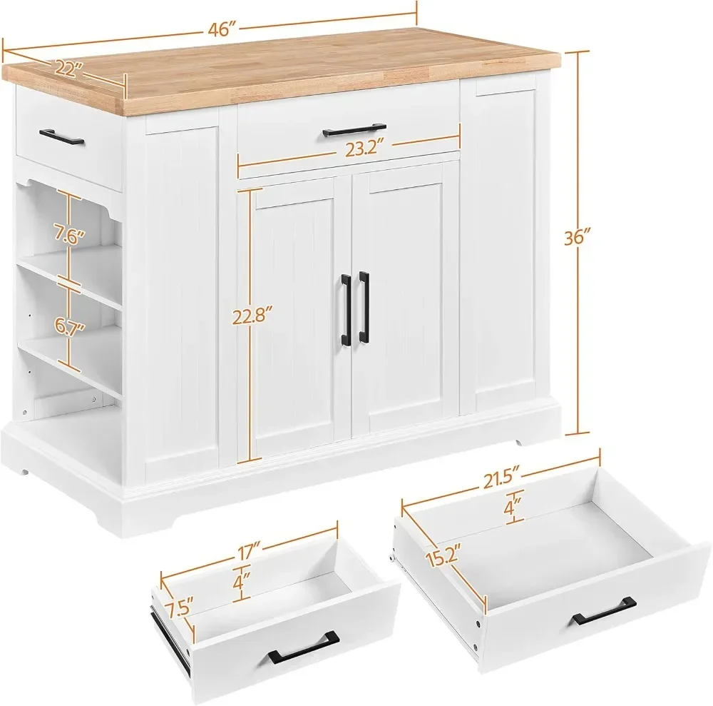 Rolling Kitchen Island Cart with 3 Drawers, Kitchen Storage Cabinet on Wheels with Open Shelves and Inner Adjustable Shelves