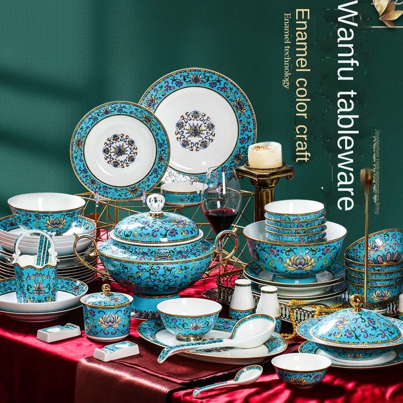 

Bowl and Dish Set Household Jingdezhen Ceramic High-Grade Enamel Tableware Set Bone China Chinese Plate Chopsticks Combination