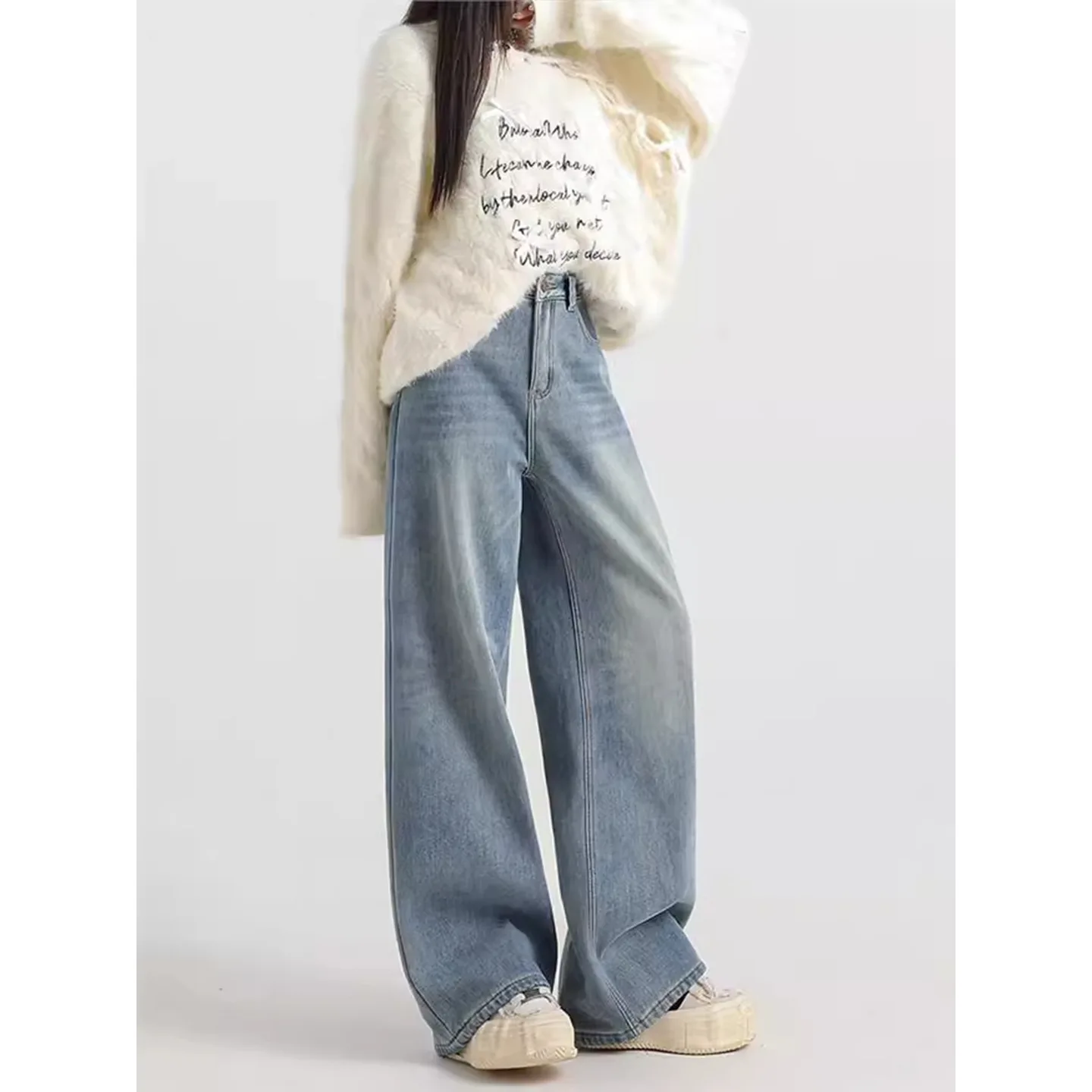 

Light-Colored Fleece-Lined Straight-Leg Jeans For Women, Fall Winter 2025 New High-Waisted Loose Slimming Draped Wide-Leg Pants