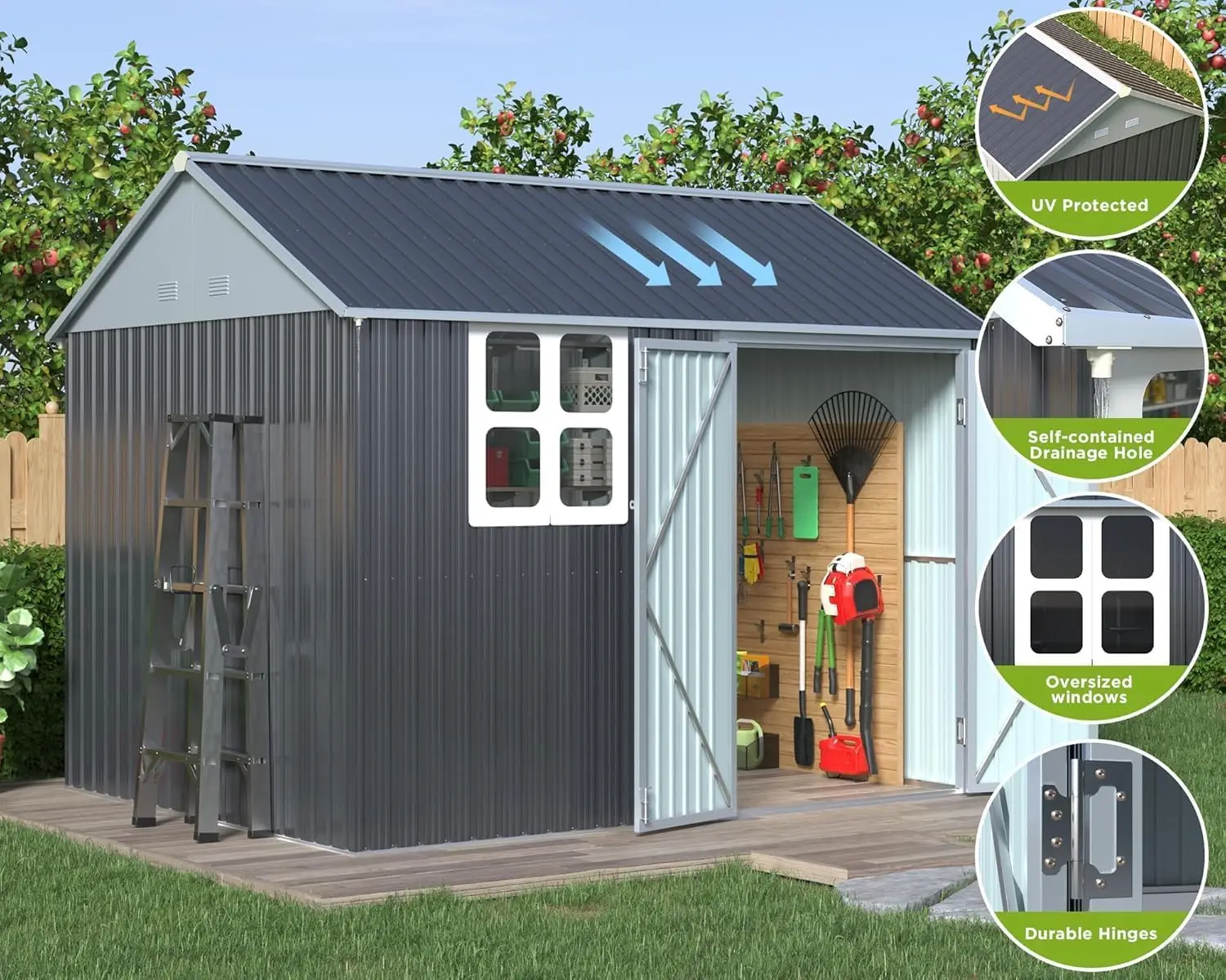 10x8x8 FT Outdoor Storage Shed Nordic Cottage Shed Double Hinged Lockable Doors 4 Vents Metal Shed Dark Grey/White