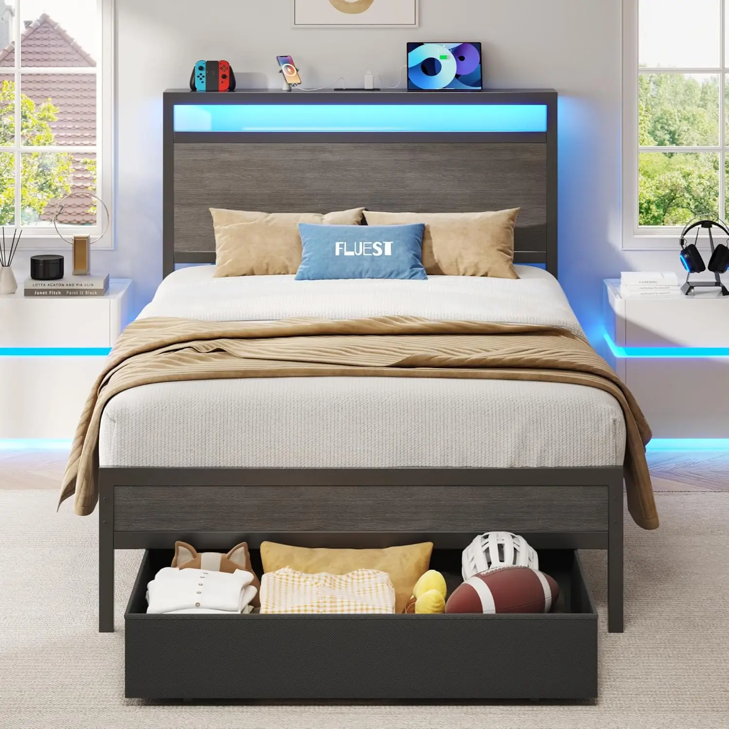 

Twin Bed Frame With Storage Headboard Drawer Charging Station Led Light No Box Spring Needed Noise Free Easy Assembly Rustic Gre
