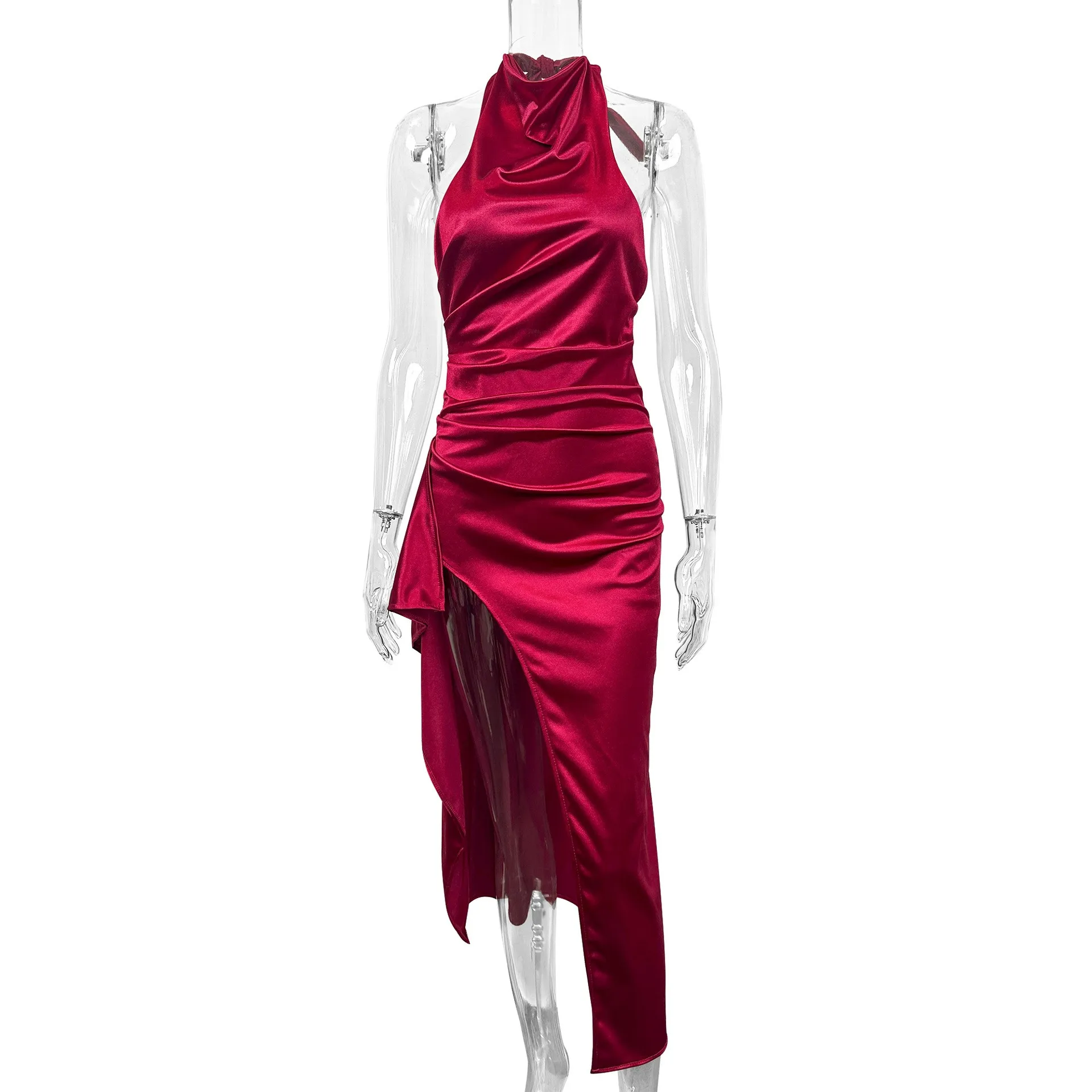 Tie Round Neck Bodycon Dress Streetwear with Halter Neck Maxi Length Slim Fit Mid Waist Western Style Long Dress for Women