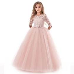 Girl's Dress 4-14 Year Old Girl's Bow Long Sleeve Princess Dress Lace Long Mesh Dress Wedding Dress Flower Girl PerformanceDress