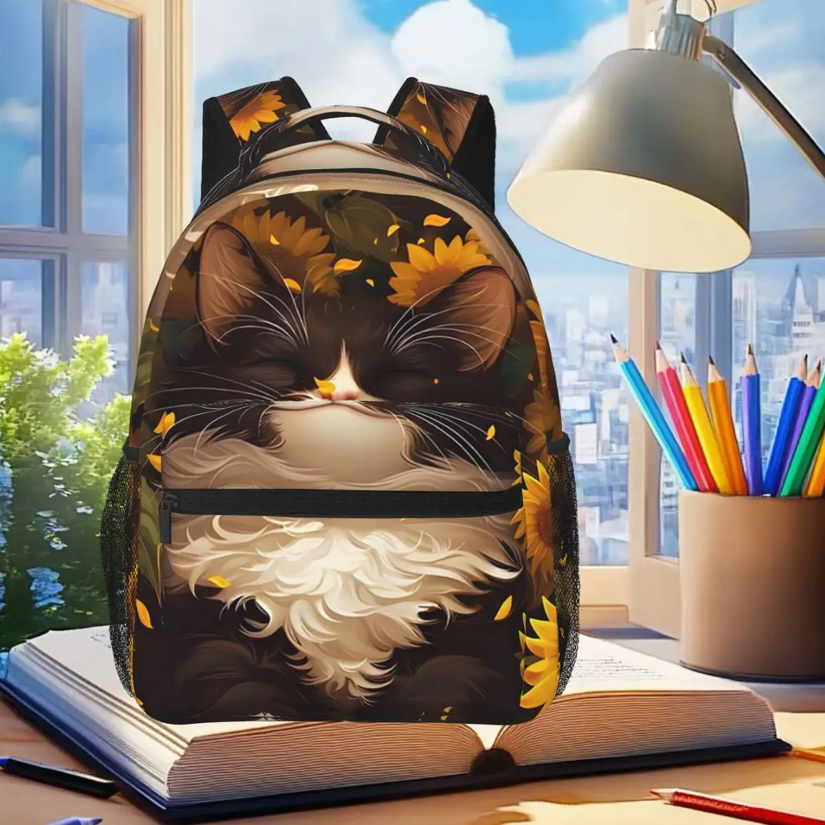 

Sunflowers Surround Black Cat Pattern Backpack Student Boys Girls BookBag Kids School Bag Laptop Shoulder Bags for Men Women
