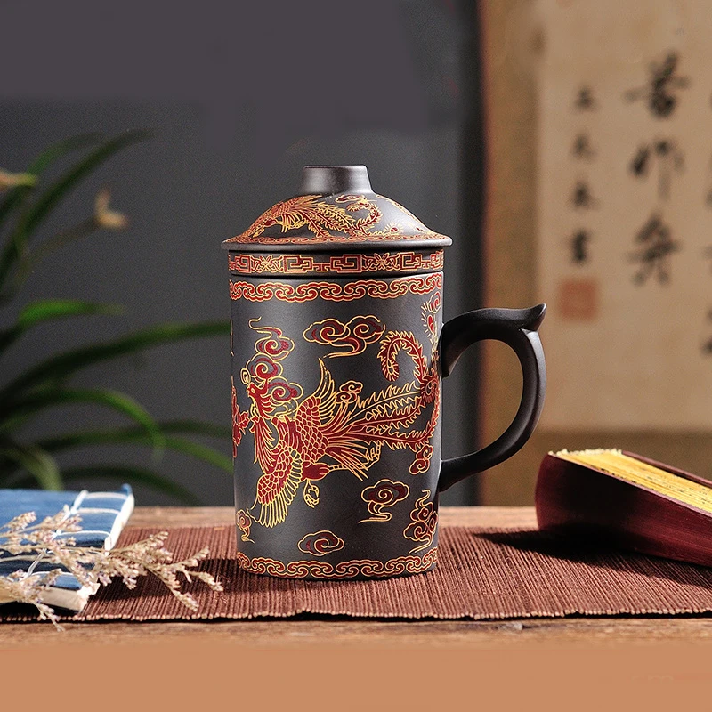 Traditional Chinese Dragon Purple Clay Tea Mug with Lid Strainer Retro Handmade Yixing Tea Cup Zisha Teacup Gift Mug Tumbler