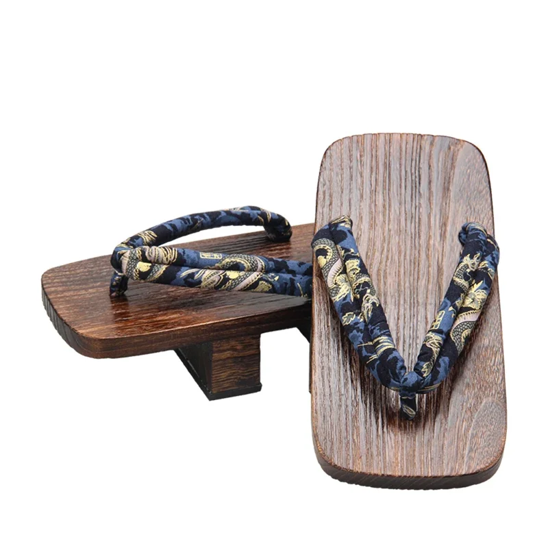 Men's Charcoal Double Heel Wood Sandals Casual Flip Flops Classic Japan Geta Beach Slippers Cosplay Clogs
