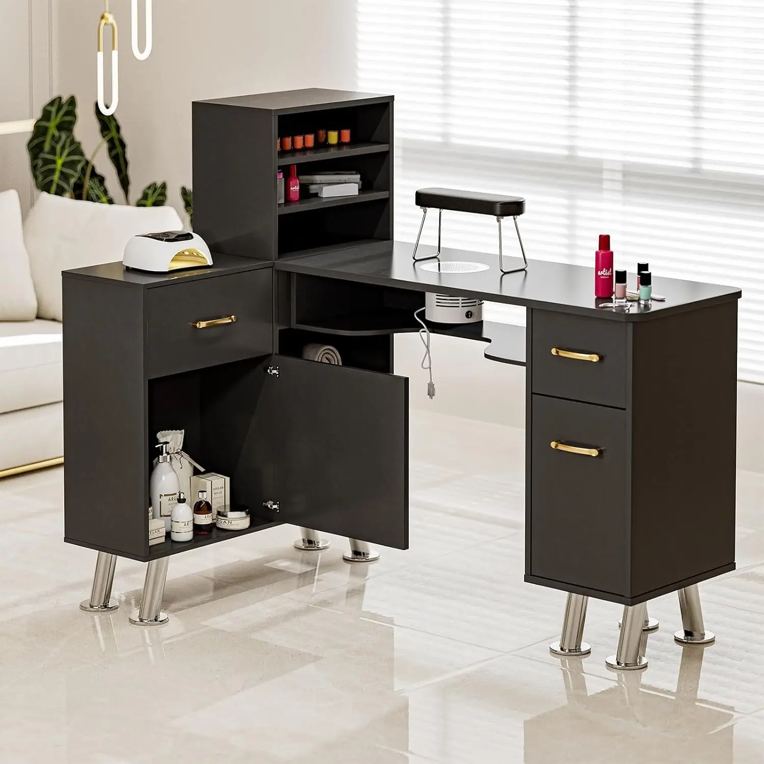 #L-Shaped Manicure Table Nail Station w/ Shelves Dust Collector Storage Cabinets Drawers Metal Handles Legs, Customized