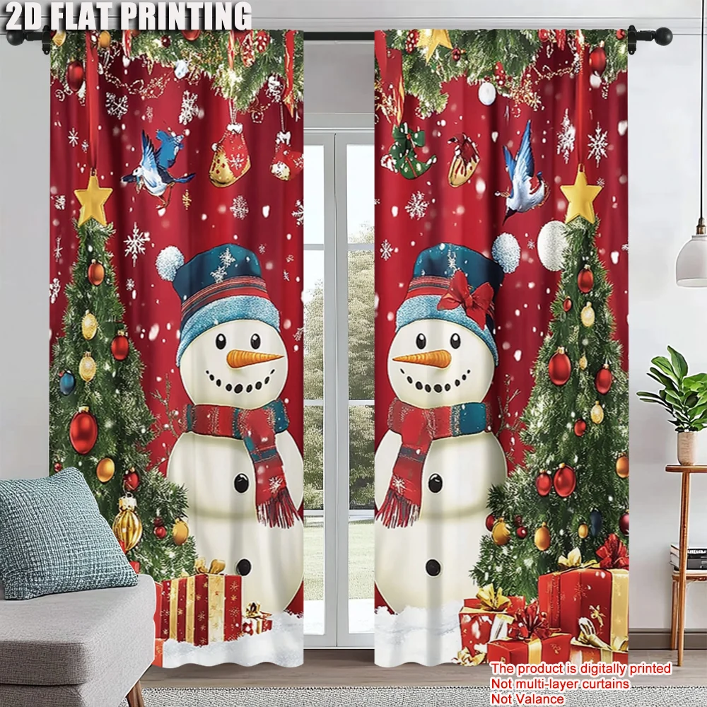 

2Pcs Christmas Window Curtain Snowman Xmas Tree Designs With Snowflakes Rod Pocket Polyester Material For Living Room Kitchen