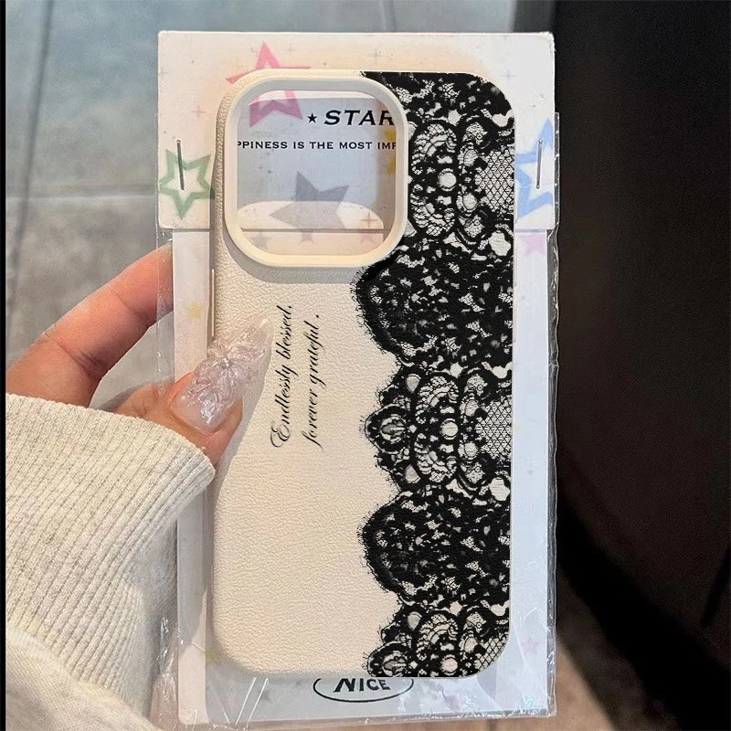Funda de Teléfono con Patrón de Lichee de Encaje Negro para iPhone 17 17Air 16E 15 14 13 11 12 16 Pro Max, Funda Protectora Suave a Prueba de Golpes