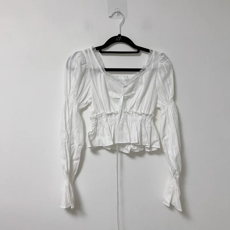 Vintage Lange Mouw Crop Dames Tops 2024 Koreaanse Mode Kleding Casual Blouses Sexy Ruches Kant Wit Zwart Chiffon Shirts