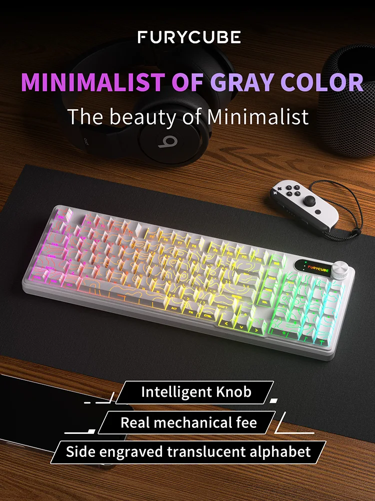 

FURYCUBE IP98 Проводная игровая мембранная клавиатура RGB Полупрозрачный персонаж Интеллектуальная ручка Mute PBT Keycap 98-клавишная контурная линия Белый