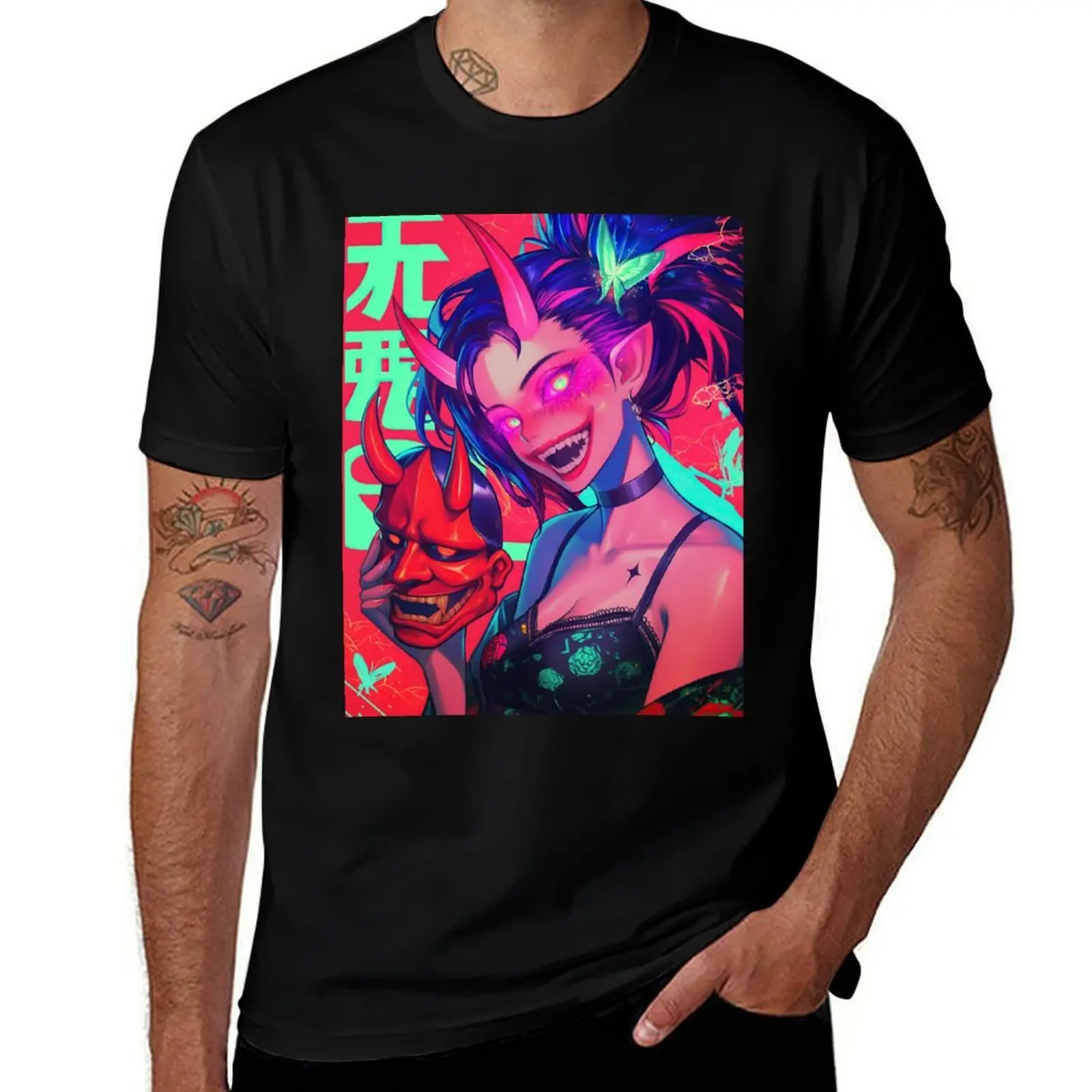 

Anime Evil Girl with Oni Mask - Manga art T-Shirt luxury t-shirt Luxury man vintage clothes cotton t shirt men