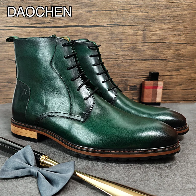 2024 SPRING MEN BOOTS SHOES LACE-UP GREEN LUXURY GENUINE LEATHER CASUAL MENS DRESS BOOTS WORK OFFICE BUSINESS BOOTS MEN