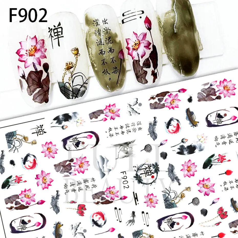 Pegatinas de uñas de estilo de poetría antigua China, calcomanías adhesivas de diseño de flores de peonía de bambú de loto, calcomanías para manicura F898