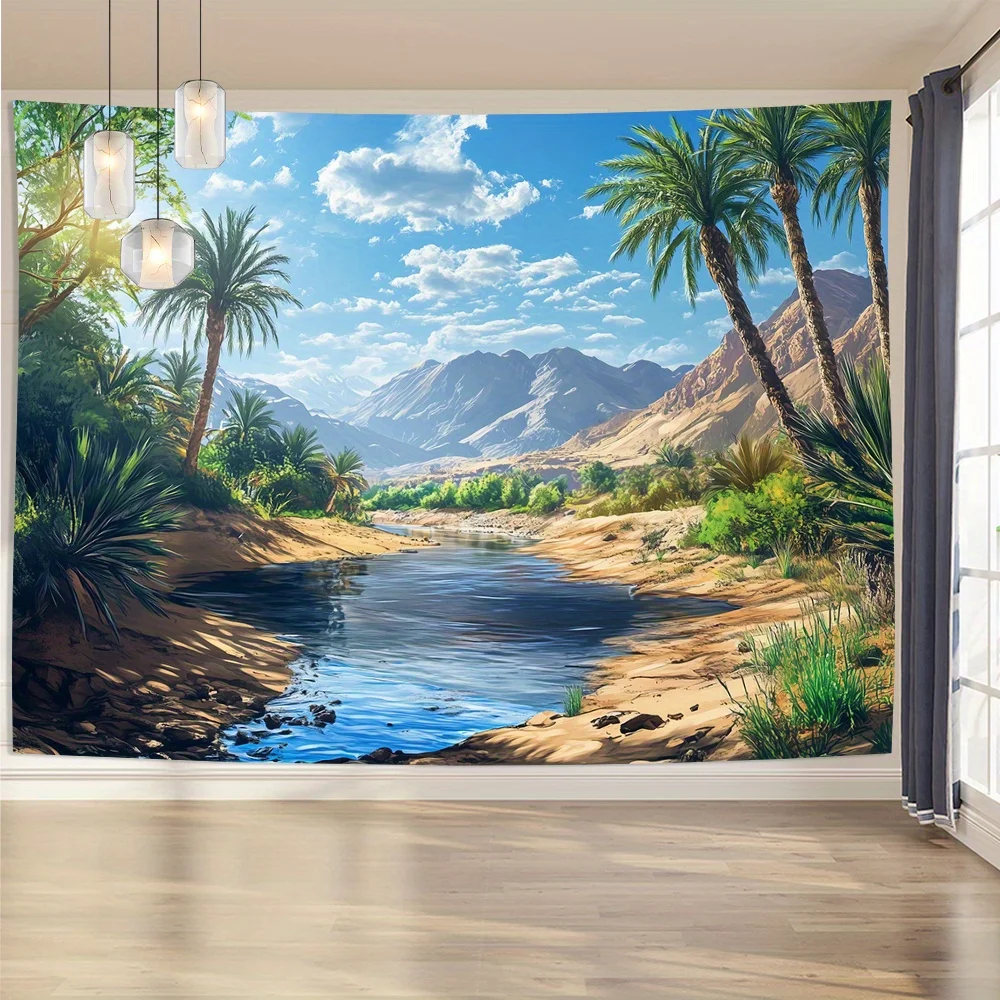Tropical River View Tapestry, Desert Mountain and Palm Forest Print, Scenic Wall Art for Home Living Room Decor
