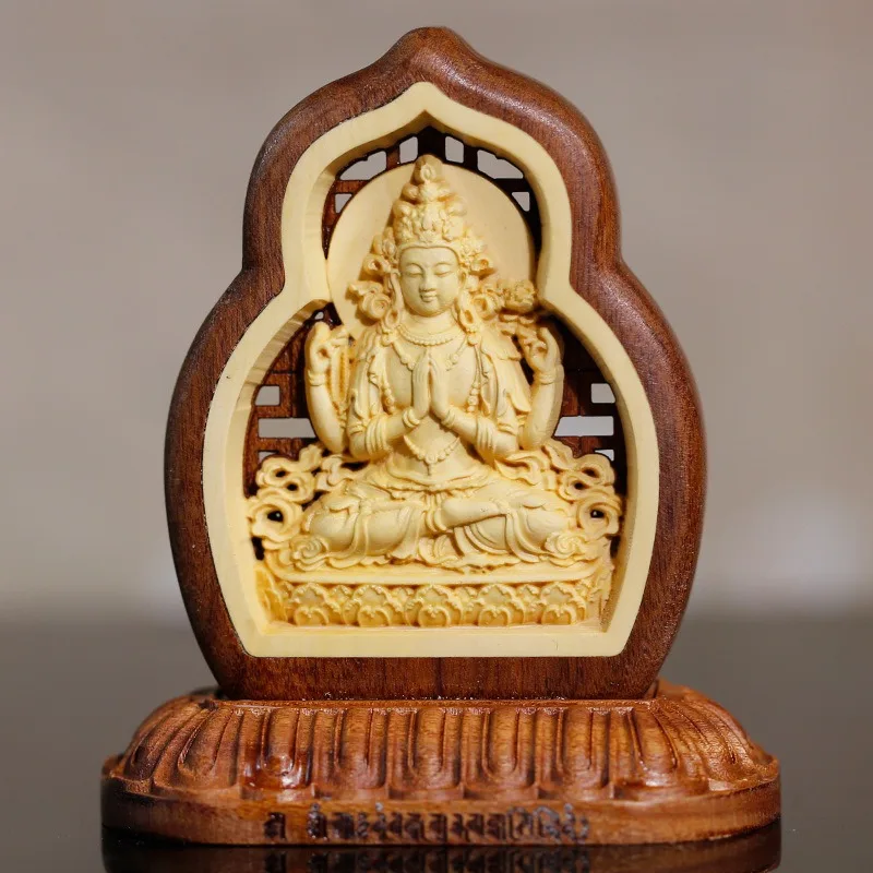 Four-Armed Guanyin Solid Wood Buddha Statue Ornament, Tibetan Style Ethnic Wooden Car Decoration, Tibetan Style Car Ornament