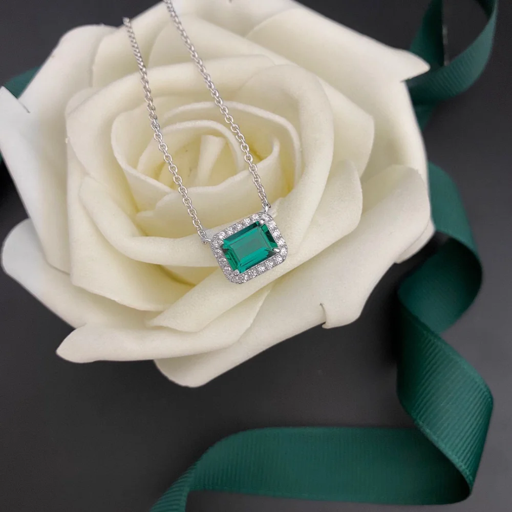 M-JAJA Emerald Pendant Necklace 1ct Lab Grown Emerald Gemstone S925 Sterling Silver 18K White Gold Plated Women's Fine Jewelry