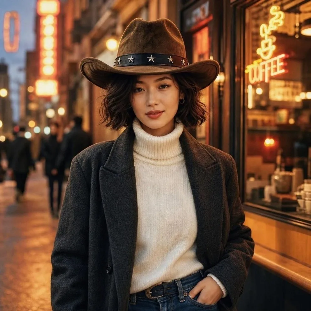 Gift Big Brim Fedora Hat Curved Brim Five-pointed Star Belt Western Top Hat Breathable Vintage Cowboy Cap Church